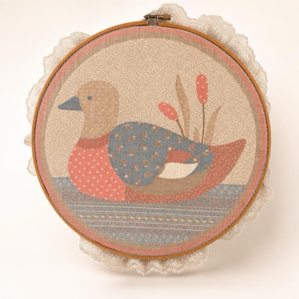 Vintage Hand-Stitches Duck Embroidery 12” Diameter Hoop Handmade Wall Decor